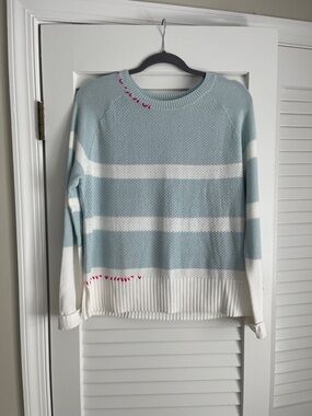 Lisa Todd Light Blue and White Striped Crewneck Sweater with Pink Stitch Accents